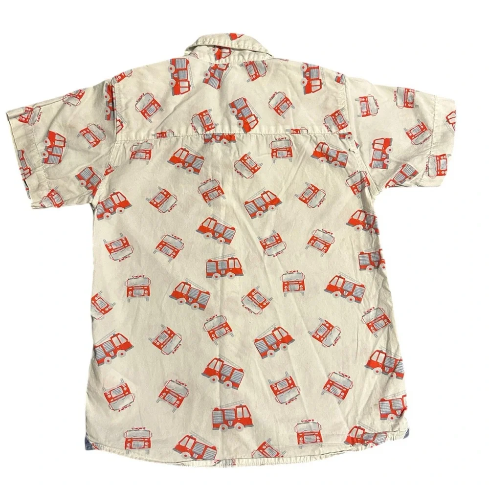 Kids Short-Sleeve Button-Up Shirt with Red Fire Truck Print